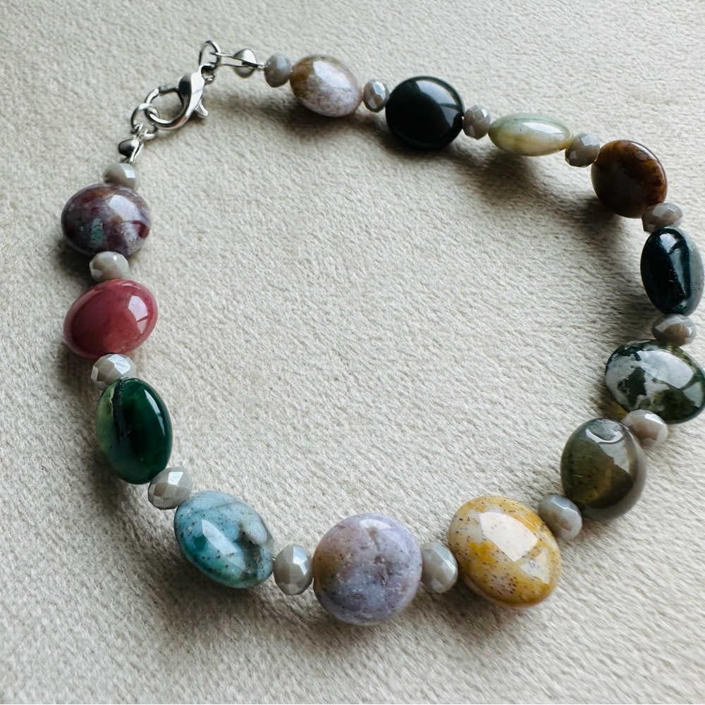 🌿 Fancy Jasper Coin Bead Bracelet w/ Faceted Glass Accents – Handmade, 7–7.25”